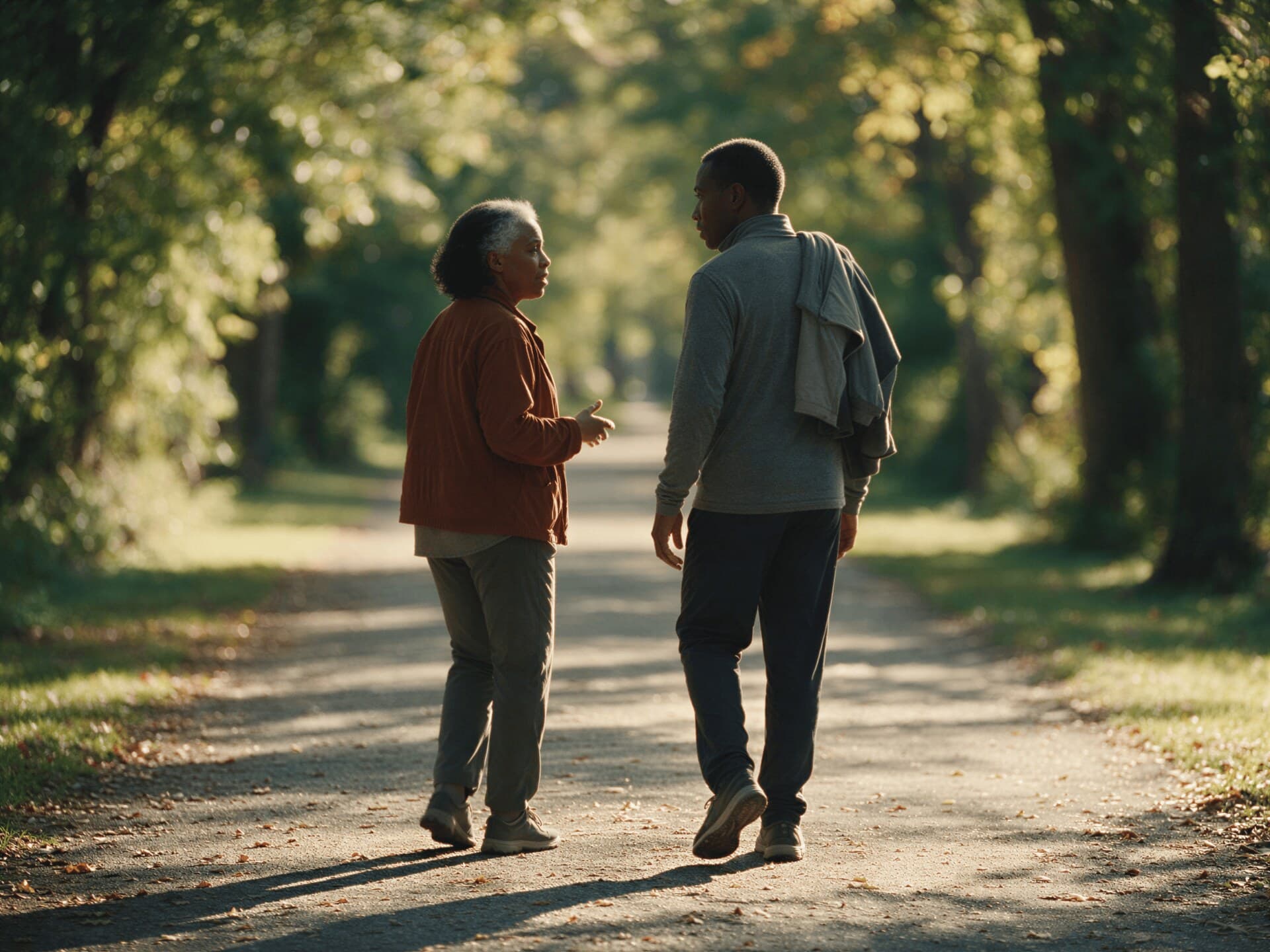 A woman and a man walking unhurried along a sunlit tree-lined path in late afternoon, mid-conversation, a jacket slung over his shoulder