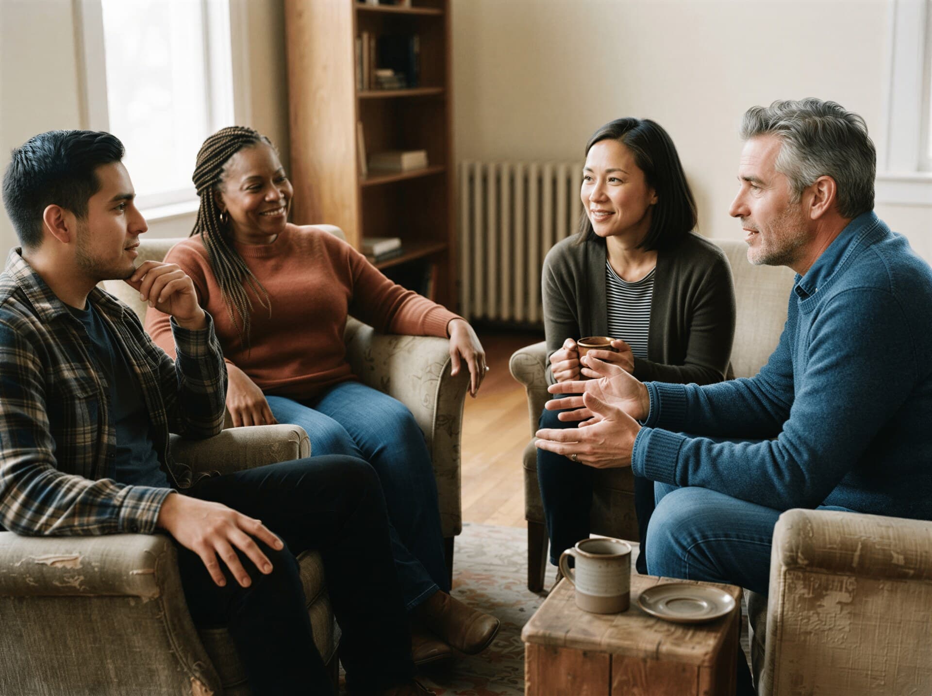 Four ministry leaders sitting in a circle of armchairs in conversation, one speaking while the other three listen, mugs in hand